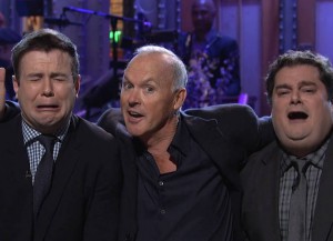 Taran Killam, Michael Keaton and Bobby Moynihan on 'SNL'