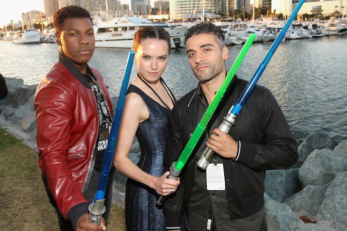 SAN DIEGO, CA - JULY 10: (L-R) Actors John Boyega, Daisy Ridley, Oscar Isaac and more than 6000 fans enjoyed a surprise 