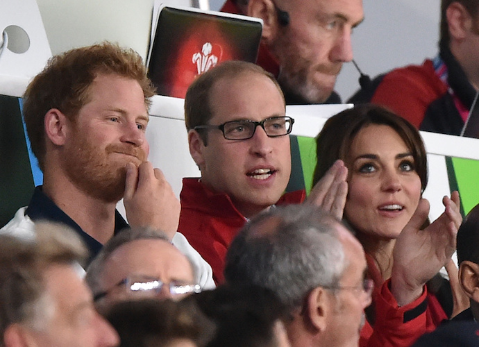 The Duke and Duchess of Cambridge and Prince Harry watch the England V Wales game at the Rugby World Cup at Twickenham Stadium Featuring: Catherine, Prince Harry, Prince William Where: London, United Kingdom