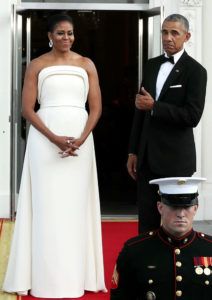 WASHINGTON, DC - AUGUST 02: U.S. first lady Michelle Obama and U.S. President Barack Obama wait for the arrival of Prime Minister Lee Hsien Loong of Singapore and his wife Ho Ching on the North Portico of the White House August 2, 2016 in Washington, DC. The Obamas are hosting the prime minister and his wife for an official state dinner. (Photo by Chip Somodevilla/Getty Images)