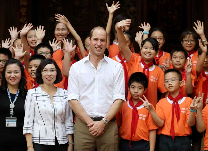 HANOI, VIETNAM - NOVEMBER 16: Prince William, Duke of Cambridge visits the school on Lan Ong Street on the first day of an official visit on November 16, 2016 in Hanoi, Vietnam. The Duke of Cambridge is attending the third International Wildlife Trade Conference. (Photo by Chris Jackson/Getty Images)