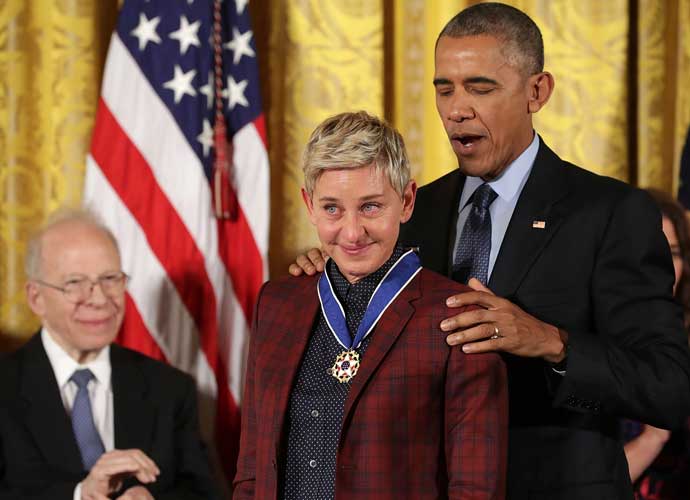 WASHINGTON, DC - NOVEMBER 22: Comedian and talk show host Ellen DeGeneres wipes tears during a Presidential Medal of Freedom presentation ceremony at the White House November 22, 2016 in Washington, DC. The Presidential Medal of Freedom is the highest honor for civilians in the United States of America. (Photo by Alex Wong/Getty Images)