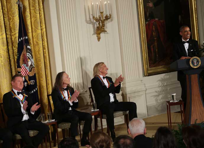 WASHINGTON, DC - DECEMBER 4: President Barack Obama jokes with the band members of the group Eagles (L-R) Don Henley, Timothy B. Schmit, Joe Walsh during a ceremony for the 2016 Kennedy Center honorees December 4, 2016 in the East Room of the White House in Washington, DC. The honorees include Eagles band members, actor Al Pacino, singer James Taylor, pianist Martha Argerich and singer Mavis Staples. (Photo by Aude Guerrucci-Pool/Getty Images)