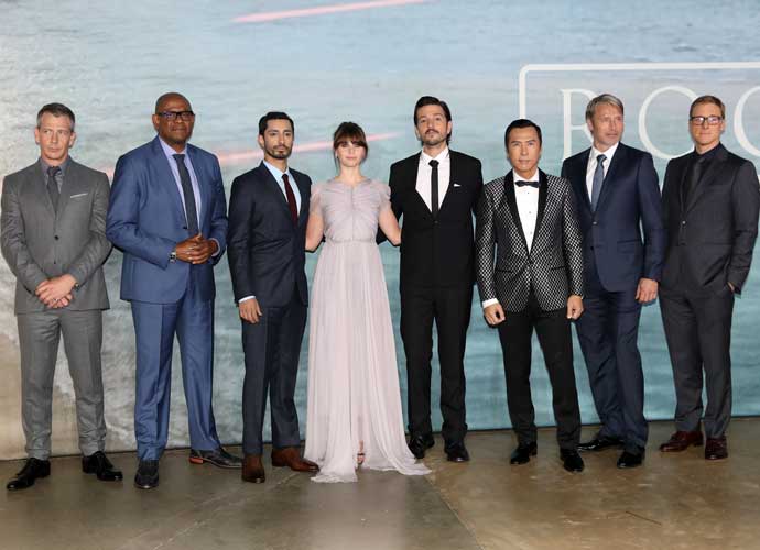 LONDON, ENGLAND - DECEMBER 13: (L-R) Actors Ben Mendelsohn, Forest Whitaker, Riz Ahmed, Felicity Jones, Diego Luna, Donnie Yen, Mads Mikkelsen and Alan Tudyk attend the launch event for 'Rogue One: A Star Wars Story' at Tate Modern on December 13, 2016 in London, England. (Photo by Tim P. Whitby/Getty Images)