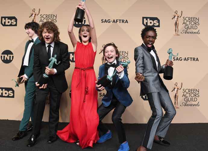 LOS ANGELES, CA - JANUARY 29: (L-R) Actors Finn Wolfhard, Gaten Matarazzo, Millie Bobby Brown, Noah Schnapp, and Caleb McLaughlin co-recipients of the Outstanding Performance by an Ensemble in a Drama Series award for 'Stranger Things,' pose in the press room during the 23rd Annual Screen Actors Guild Awards at The Shrine Expo Hall on January 29, 2017 in Los Angeles, California. (Photo by Alberto E. Rodriguez/Getty
