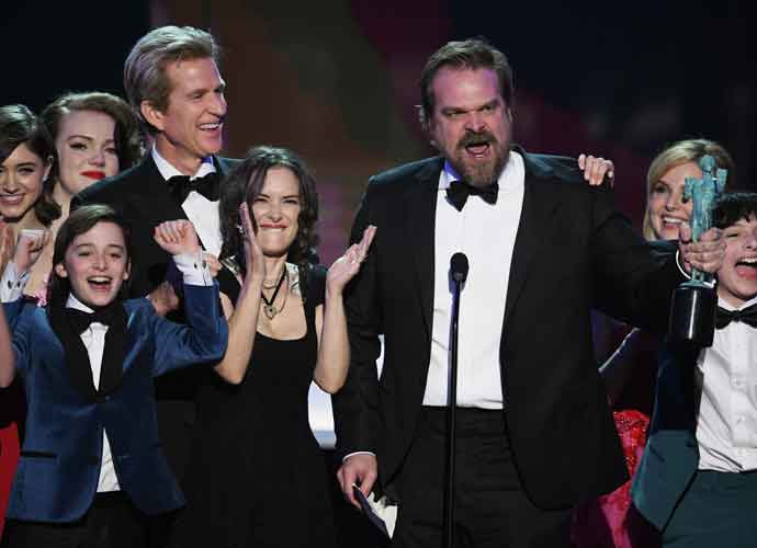 LOS ANGELES, CA - JANUARY 29: (L-R) Actors Millie Bobby Brown, Natalia Dyer, John Paul Reynolds, Noah Schnapp, Winona Ryder, Matthew Modine, Shannon Purser, David Harbour, and Finn Wolfhard of 'Stranger Things' accept Outstanding Performance by an Ensemble in a Drama Series onstage during The 23rd Annual Screen Actors Guild Awards at The Shrine Auditorium on January 29, 2017 in Los Angeles, California. 26592_014 (Photo by Kevin Winter/Getty Images )