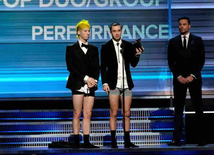 LOS ANGELES, CA - FEBRUARY 12: Musicians Josh Dun (L) and Tyler Joseph of Twenty One Pilots accept Best Pop Duo/Group Performance for 'Stressed Out' during The 59th GRAMMY Awards at STAPLES Center on February 12, 2017 in Los Angeles, California. (Photo by Larry Busacca/Getty Images for NARAS)