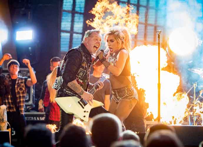 LOS ANGELES, CA - FEBRUARY 12: Musicians James Hetfield of Metallica and Lady Gaga during The 59th GRAMMY Awards at STAPLES Center on February 12, 2017 in Los Angeles, California. (Photo by Christopher Polk/Getty Images for NARAS)