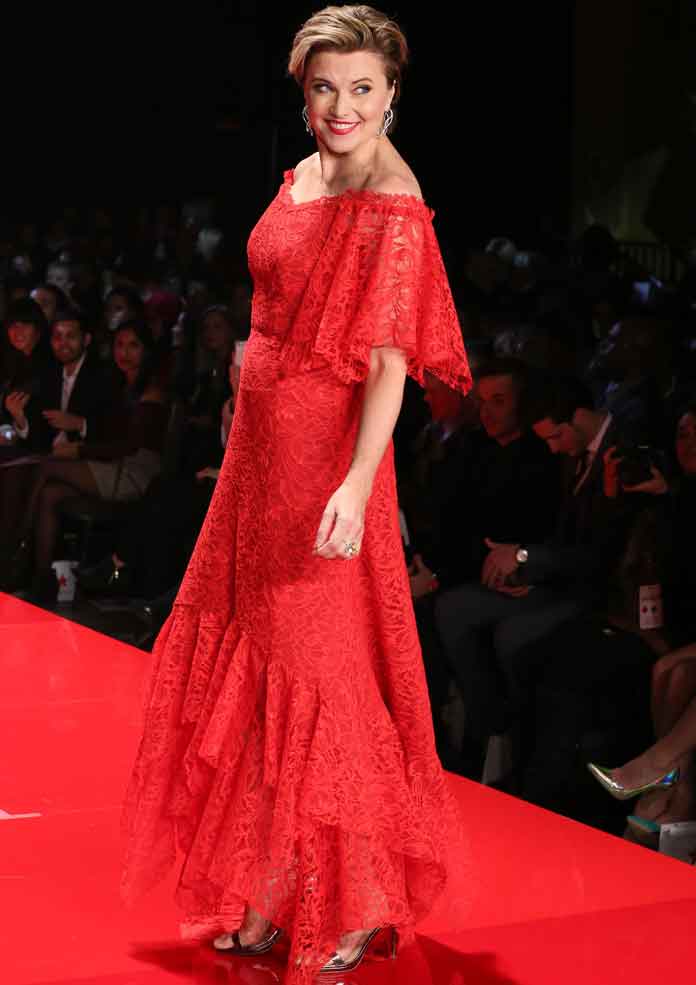 Lucy Lawless (2017) on the runway at the American Heart Association's Go Red For Women Red Dress Collection 2017 presented by Macy's at Fashion Week in New York City at Hammerstein Ballroom on February 9, 2017 in New York City.