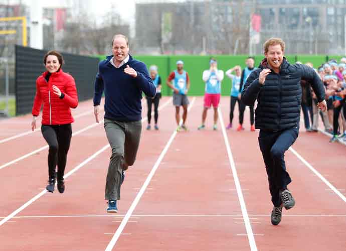 LONDON, ENGLAND - FEBRUARY 05: Catherine, Duchess of Cambridge, Prince William, Duke of Cambridge and Prince Harry race during a Marathon Training Day with Team Heads Together at the Queen Elizabeth Olympic Park on February 5, 2017 in London, England.