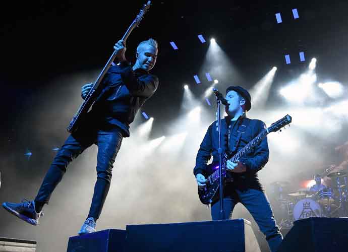 LAS VEGAS, NV - AUGUST 07: (L-R) Bassist Pete Wentz, frontman Patrick Stump and drummer Andy Hurley of Fall Out Boy perform at the Mandalay Bay Events Center during a stop of the Boys of Zummer tour on August 7, 2015 in Las Vegas, Nevada. (Photo by Ethan Miller/Getty Images)