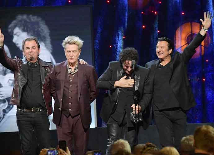 Journey inducted: Jonathan Cain, Ross Valory, Neal Schon, and Steve Perry of Journey onstage at the 32nd Annual Rock & Roll Hall Of Fame Induction Ceremony at Barclays Center. (Image: Getty)
