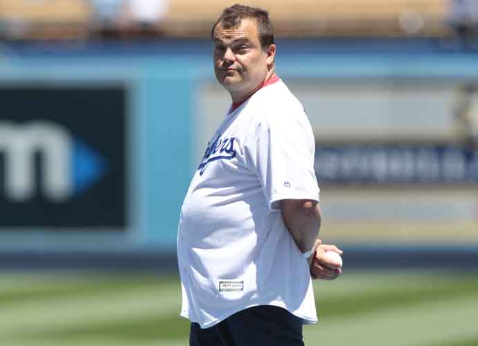 Jack Black throws out the 1st pitch at the Los Angeles Dodgers game. The Dodgers defeated the Philadelphia Phillies by the final score of 5-3 at Dodger Stadium in Los Angeles, California.