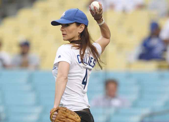 Sarah Wayne Callies throws out first pitch at the Dodgers game. The Washington Nationals defeated the Los Angeles Dodgers by the score of 2-1, at Dodger Stadium in Los Angeles