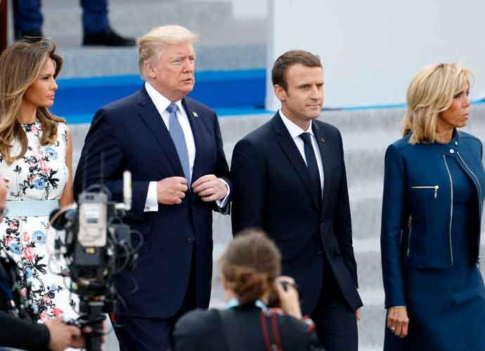 PARIS, FRANCE - JULY 14: U.S President Donald Trump and his wife Melania Trump, French President Emmanuel Macron and his wife Brigitte Trogneux attend the traditional Bastille day military parade on the Champs-Elysees on July 14, 2017 in Paris France. Bastille Day, the French National day commemorates this year the 100th anniversary of the entry of the United States of America into World War I. (Photo by Thierry Chesnot/Getty Images)