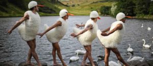EDINBURGH, SCOTLAND - AUGUST 10: Dancers from 'Tutu', perform at St Margaret's Loch in their spoof Swan Lake costumes on August 10, 2017 in Edinburgh, Scotland. Their Edinburgh Festival Fringe show is an invitation to those who love dance to experience familiar favourites, in an opportunity to explore some of the most famous and significant works in the repertoire from Swan Lake to Pina Bausch in a fun way with with a twist. (Photo by Jeff J Mitchell/Getty Images)