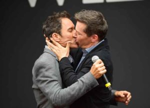 LOS ANGELES, CA - AUGUST 02: Actors Eric McCormack (L) and Sean Hayes kiss during the 'Will & Grace' ribbon cutting Ceremony on August 2, 2017 in Los Angeles, California. (Photo by Matt Winkelmeyer/Getty Images)