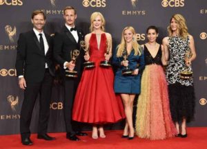 LOS ANGELES, CA - SEPTEMBER 17: (L-R) Actors Jeffrey Nordling, Alexander Skarsgard, Nicole Kidman, Reese Witherspoon, Zoe Kravitz, and Laura Dern, winners of Outstanding Limited Series for 'Big Little Lies', pose in the press room during the 69th Annual Primetime Emmy Awards at Microsoft Theater on September 17, 2017 in Los Angeles, California. (Photo by Alberto E. Rodriguez/Getty Images)