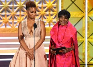 LOS ANGELES, CA - SEPTEMBER 17: Actors Anika Noni Rose (L) and Cicely Tyson speak onstage during the 69th Annual Primetime Emmy Awards at Microsoft Theater on September 17, 2017 in Los Angeles, California. (Photo by Kevin Winter/Getty Images)