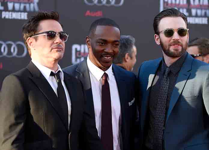 LOS ANGELES, CALIFORNIA - APRIL 12: (L-R) Actors Robert Downey Jr., Anthony Mackie and Chris Evans attend the premiere of Marvel's 'Captain America: Civil War' at Dolby Theatre on April 12, 2016 in Los Angeles, California. (Photo by Frazer Harrison/Getty Images)