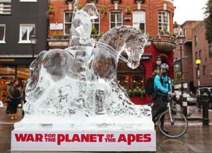 Life-sized sculpture of Caesar on horseback made entirely of ice towers over Londoners to celebrate the release of 'War For The Planet Of The Apes' on Blu-ray™ and DVD.