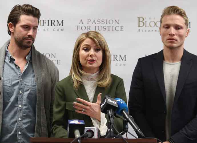WOODLAND HILLS, CA - DECEMBER 05: Attorney Lisa Bloom (C) speaks during a press conference with her clients, models Mark Ricketson (L) and Jason Boyce, who are accusing photographer Bruce Weber of sexual misconduct at The Bloom Firm December 5, 2017 in Woodland Hills, California. Boyce's alleged incident took place December 2014 at Weber's New York studio. (Photo by Frederick M. Brown/Getty Images)