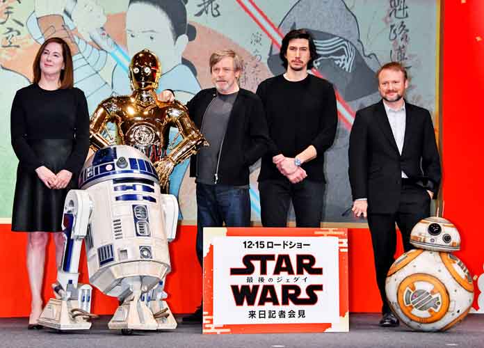 Kathleen Kennedy, C-3PO, R2-D2, Mark Hamill, Adam Driver, Rian Johnson, BB-8 at 'Star Wars: The Last Jedi' photocall and press conference at the Ritz Carlton Tokyo