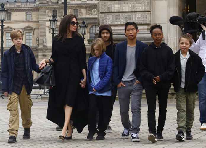 Angelina Jolie with her children Shiloh, Maddox, Vivienne Marcheline, Pax Thien, Zahara Marley, Knox Leon visit the Louvre in Paris