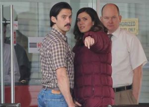 Mandy Moore back at work from the holidays filming new scenes on the set of "This Is Us" with co star Milo Ventimiglia in Burbank Ca.