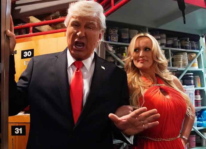 Stormy Daniels tells 'Donald Trump,' played by Alec Baldwin, to resign in 'Saturday Night Live' sketch (Image: NBC)