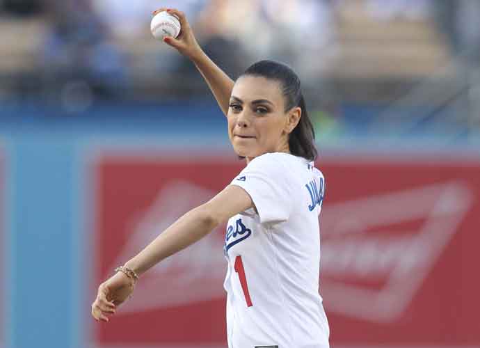 Mila Kunis Throws First Pitch At Dodgers Vs. Rockies Game
