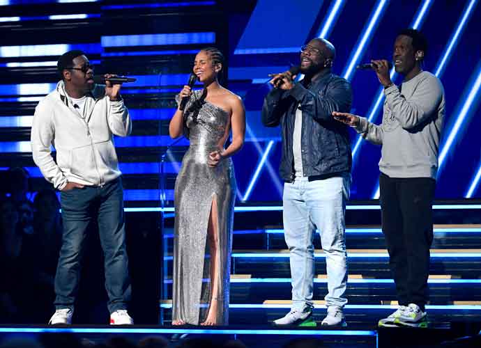 LOS ANGELES, CALIFORNIA - JANUARY 26: Alicia Keys (2nd from L) and Nathan Morris, Wanya Morris, and Shawn Stockman of Boyz II Men perform onstage during the 62nd Annual GRAMMY Awards at Staples Center on January 26, 2020 in Los Angeles, California.