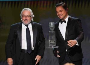 LOS ANGELES, CALIFORNIA - JANUARY 19: (L-R) Robert De Niro accepts the Screen Actors Guild Life Achievement Award from Leonardo DiCaprio onstage during the 26th Annual Screen Actors Guild Awards at The Shrine Auditorium on January 19, 2020 in Los Angeles, California. (Image: Getty)