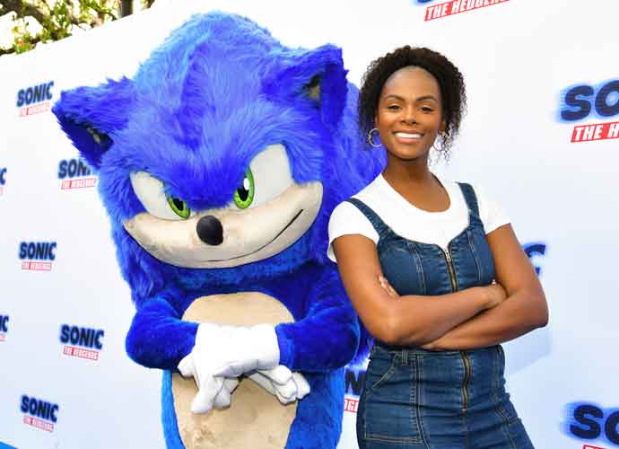 HOLLYWOOD, CALIFORNIA - JANUARY 25: Tika Sumpter (R) and Sonic The Hedgehog attend the Sonic The Hedgehog Family Day Event on January 25, 2020 in Hollywood, California.
