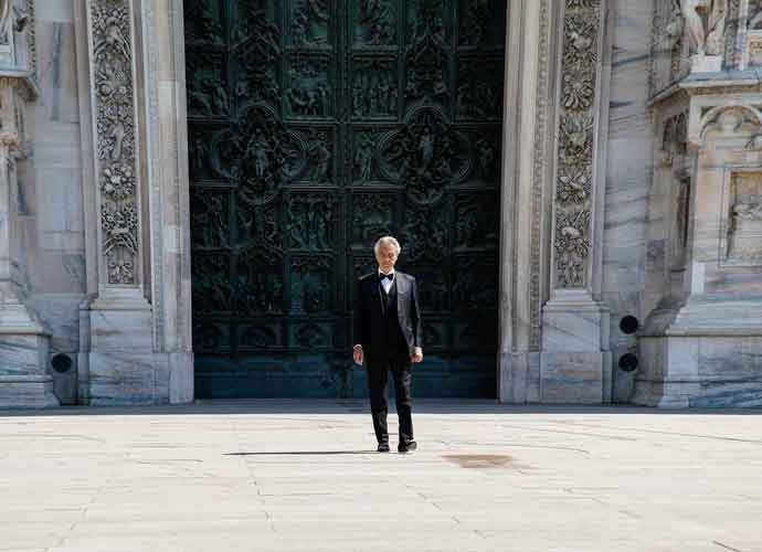 MILAN, ITALY - APRIL 12: Andrea Bocelli outside the Duomo Cathedral of Milan, before the start of the concert. On Easter day, the icon of Italian music in the world will perform alone to give a message of love during the coronavirus period. during the Andrea Bocelli Concert In Milan at the Duomo on April 12, 2020 in Milan Italy