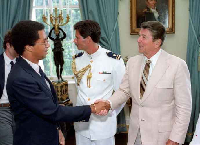 President Ronald Reagan greets Arthur Ashe in 1983.