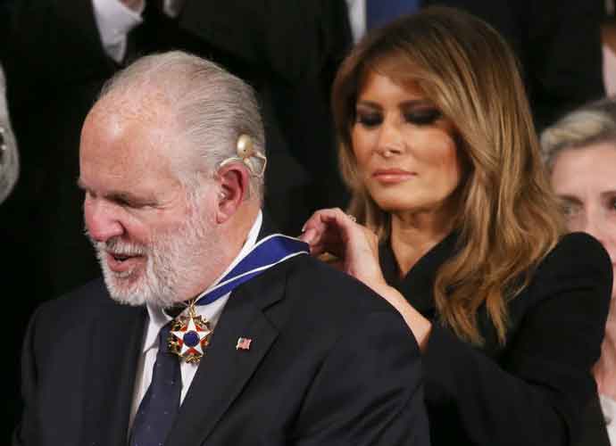 WASHINGTON, DC - FEBRUARY 04: Radio personality Rush Limbaugh reacts as First Lady Melania Trump gives him the Presidential Medal of Freedom during the State of the Union address in the chamber of the U.S. House of Representatives on February 04, 2020 in Washington, DC.