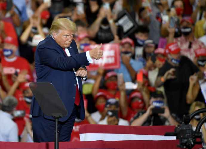 HENDERSON, NEVADA - SEPTEMBER 13: U.S. President Donald Trump gives a thumbs-up after speaking at a campaign event at Xtreme Manufacturing on September 13, 2020 in Henderson, Nevada. Trump's visit comes after Nevada Republicans blamed Democratic Nevada Gov. Steve Sisolak for blocking other events he had planned in the state.