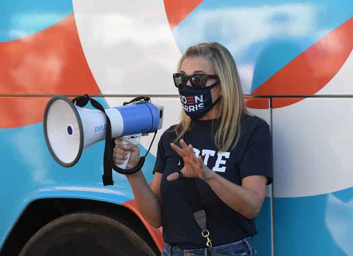 HENDERSON, NEVADA - OCTOBER 31: Comedian/actress Chelsea Handler leans against a bus while waiting to speak as she campaigns for Joe Biden and Kamala Harris at a get-out-the-vote canvass launch outside a Biden-Harris field office on October 31, 2020 in Henderson, Nevada. More than a million people, over half of all registered voters in the battleground state, voted early in person or with mail-in ballots ahead of Tuesday's election.