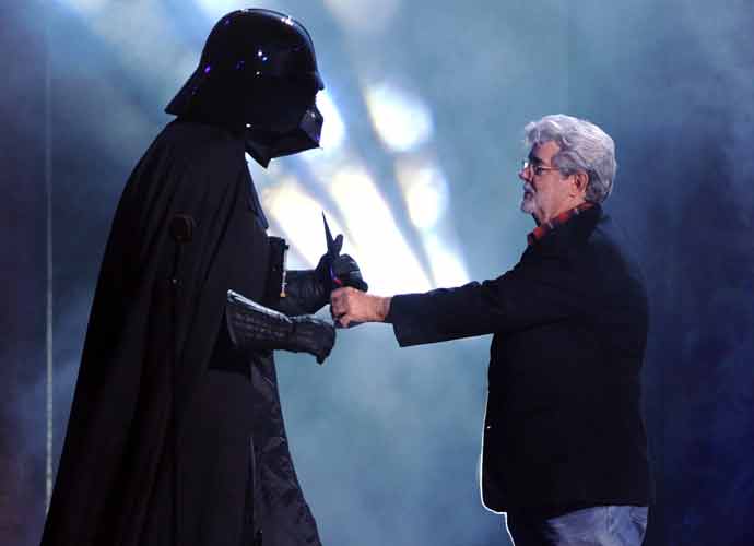 UNIVERSAL CITY, CA - OCTOBER 15: Darth Vader accepts the Ultimate Villain award from George Lucas onstage during Spike TV's 