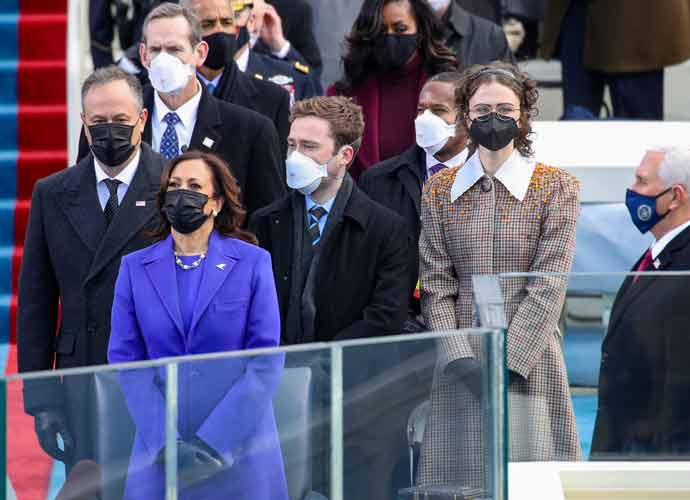 WASHINGTON, DC - JANUARY 20: Doug Emhoff (from left), Vice President Elect Kamala Harris, Cole Emhoff, Ella Emhoff, and Vice President Mike Pence stand as Lady Gaga sings the National Anthem at the inauguration of U.S. President-elect Joe Biden on the West Front of the U.S. Capitol on January 20, 2021 in Washington, DC. During today's inauguration ceremony Joe Biden becomes the 46th president of the United States. (Photo by Win McNamee/Getty Images)