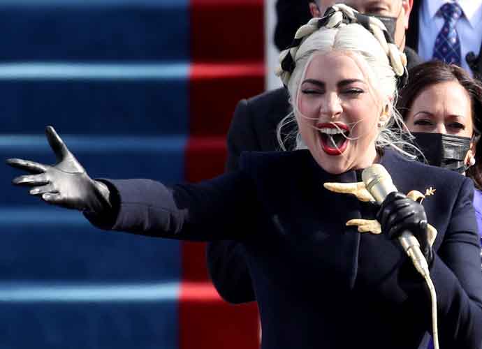 WASHINGTON, DC - JANUARY 20: Lady Gaga sings the National Anthem during the inauguration of U.S. President-elect Joe Biden on the West Front of the U.S. Capitol on January 20, 2021 in Washington, DC. During today's inauguration ceremony Joe Biden becomes the 46th president of the United States. (Photo by Rob Carr/Getty Images)