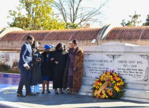 ATLANTA, GEORGIA - JANUARY 18: Christine King Farris, Dr. Bernice A. King and the family of Dr. Martin Luther King lay a wreath on his grave during the 2021 King Holiday Observance Beloved Community Commemorative Service on January 18, 2021 in Atlanta, Georgia. (Photo by Paras Griffin/Getty Images)