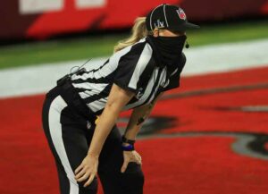 TAMPA, FLORIDA - FEBRUARY 07: Line judge Sarah Thomas #53 looks on looks on prior to Super Bowl LV between the Kansas City Chiefs and the Tampa Bay Buccaneers at Raymond James Stadium on February 07, 2021 in Tampa, Florida. (Photo by Mike Ehrmann/Getty Images)