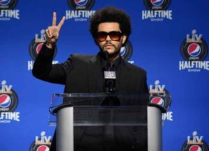 TAMPA, FLORIDA - FEBRUARY 04: The Weeknd speaks during the Pepsi Super Bowl LV Halftime Show Press Conference at Tampa Convention Center on February 04, 2021 in Tampa, Florida. (Photo by Kevin Mazur/Getty Images for TW)