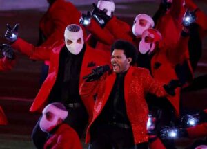 TAMPA, FLORIDA - FEBRUARY 07: The Weeknd performs during the Pepsi Super Bowl LV Halftime Show at Raymond James Stadium on February 07, 2021 in Tampa, Florida. (Photo by Kevin C. Cox/Getty Images)