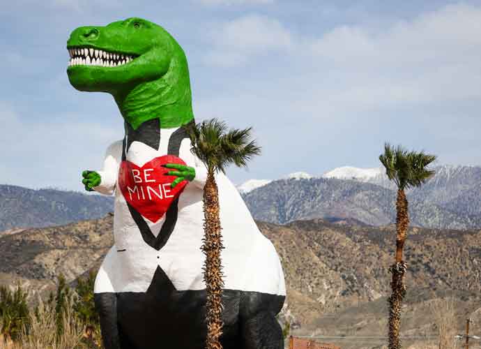 CABAZON, CALIFORNIA - FEBRUARY 14: The Cabazon Dinosaurs are seen painted in celebration of Valentine's Day on February 14, 2021 in Cabazon, California. (Photo by Rich Fury/Getty Images)
