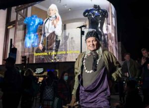 LONDON, ENGLAND - APRIL 08: Vivienne Westwood marks her 80th birthday by delivering a video message to the world on the Piccadilly Lights on April 08, 2021 in London, England. (Photo by Ki Price/Getty Images)