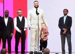 LOS ANGELES, CALIFORNIA - MAY 23: (3rd from L) Future the Prince, Drake, Adonis Graham, CJ Gibson, and guest join Drake (C) onstage as he accepts the Artist of the Decade Award for the 2021 Billboard Music Awards, broadcast on May 23, 2021 at Microsoft Theater in Los Angeles, California. (Photo by Kevin Mazur/Getty Images)