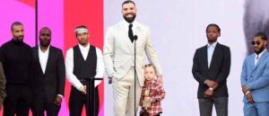 LOS ANGELES, CALIFORNIA - MAY 23: (3rd from L) Future the Prince, Drake, Adonis Graham, CJ Gibson, and guest join Drake (C) onstage as he accepts the Artist of the Decade Award for the 2021 Billboard Music Awards, broadcast on May 23, 2021 at Microsoft Theater in Los Angeles, California. (Photo by Kevin Mazur/Getty Images)